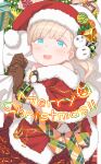  1girl alternate_costume blonde_hair blue_eyes blunt_bangs brown_gloves capelet christmas english_text fur-trimmed_capelet fur-trimmed_headwear fur_trim gift gloves hat hayashi_naoharu highres holding holding_sack kantai_collection long_hair merry_christmas open_mouth red_capelet red_headwear round_teeth sack santa_costume santa_hat shin&#039;you_(kancolle) side_ponytail solo teeth upper_teeth_only 