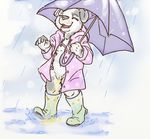  anthro canine clothed clothing cub digital_media_(artwork) dog female fur lavilovi mammal nipples open_mouth outside peeing pussy raining simple_background sky smile solo teeth umbrella urine watersports young 