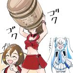  2girls arms_up black_bra blue_hair blue_necktie bra brown_hair closed_eyes collar commentary cropped_jacket drinking grey_shirt hair_ornament harumaron_123 hatsune_miku holding_barrel jacket light_blue_hair long_hair looking_at_another meiko_(vocaloid) meiko_(vocaloid3) midriff miniskirt mittens multiple_girls navel necktie o_o open_mouth pleated_skirt red_collar red_jacket red_skirt scarf shirt short_hair skirt sleeveless sleeveless_jacket smile snowflake_print sparkling_aura thighhighs translated twintails underwear v-shaped_eyebrows very_long_hair vocaloid white_background white_mittens white_scarf white_skirt wiping_mouth yuki_miku yuki_miku_(2011) zettai_ryouiki zipper_skirt 