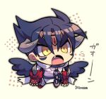  1boy black_hair black_wings chain chibi devil_jin facial_mark fang forehead_jewel gloves grey_horns horns kazama_jin kotorai male_focus open_mouth red_footwear red_gloves roaring short_hair solo studded_gloves tekken thick_eyebrows v-shaped_eyebrows white_background wings yellow_eyes 