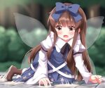  1girl blue_bow blue_dress blurry blurry_background blush boots bow brown_eyes brown_footwear brown_hair commentary_request dress full_body hair_bow juliet_sleeves long_hair long_sleeves looking_at_viewer open_mouth outdoors puffy_sleeves ruu_(tksymkw) sidelocks solo star_sapphire touhou transparent_wings 