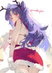  1girl absurdres ass bare_shoulders blush breasts commentary cowboy_shot fake_antlers fur-trimmed_skirt fur_trim genshin_impact highres keqing_(genshin_impact) large_breasts long_hair looking_at_viewer parted_lips purple_eyes purple_hair red_skirt skirt solo standing very_long_hair yamasede_neiko 