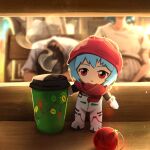  1boy 1girl absurdres ayanami_rei black_hair blue_hair bodysuit christmas_ornaments coffee_cup commentary cup disposable_cup highres khyle. neon_genesis_evangelion red_eyes short_hair toy 