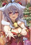  1girl :d alternate_costume animal_ears bare_shoulders bell blue_hair breasts christmas_tree cleavage dress fake_antlers fox_ears fox_tail ganyu_(genshin_impact) genshin_impact highres horns indoors long_hair looking_at_viewer open_mouth purple_eyes red_dress smile solo tail upper_body wangqi 