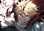  1boy artist_name black_capelet black_clover blonde_hair capelet claws energy green_eyes green_shirt highres looking_at_viewer luck_voltia male_focus nac_tw open_mouth shirt short_hair smile solo white_background 