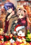  1boy 1girl akane_kazami blue_eyes blue_hair box braid christmas coat crown_braid dated dog_tags double-parted_bangs elaine_auclair french_braid gift gift_box green_eyes hair_between_eyes highres holding_arms long_hair mascot mishy multicolored_hair outdoors parted_bangs scarf short_hair signature stuffed_animal stuffed_cat stuffed_toy sweater two-tone_hair van_arkride 