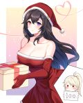  2girls appletea bare_shoulders black_hair blonde_hair border breasts character_name christmas cleavage closed_mouth closers collarbone crossed_bangs dot_nose dress elbow_gloves gift gloves hair_between_eyes hat heterochromia high_ponytail highres holding holding_gift holding_sign large_breasts light_frown long_hair looking_at_viewer multiple_girls off-shoulder_dress off_shoulder pom_pom_(clothes) purple_eyes red_dress red_eyes red_gloves santa_hat sign sparkle split_mouth white_border 