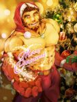  1boy abs alternate_costume bara black_hair blush bulge christmas christmas_tree forked_eyebrows from_above hat highres jewelry large_hands large_pectorals magatama magatama_necklace magic male_focus merry_christmas muscular muscular_male mutton_chops navel necklace nipples pants pectorals reaching reaching_towards_viewer red_headwear santa_costume santa_hat short_hair solo sparse_chest_hair stomach tajikarao_(housamo) thick_eyebrows tokyo_afterschool_summoners topless_male tusks yoshiyuki_(nein69yoshiyuki) 