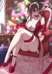  1girl agent_(girls&#039;_frontline) bare_shoulders bell belt black_hair blush breasts chair chinese_commentary christmas_tree collar cookie crossed_legs cup double_bun dress earrings elbow_gloves food gift girls&#039;_frontline gloves hair_between_eyes hair_bun heart high_heels highres indoors jewelry large_breasts long_hair looking_at_viewer maid_headdress nail_polish navel neck_bell pink_nails plate popoman red_dress red_eyes red_footwear red_gloves revealing_clothes ring sitting sleeveless sleeveless_dress solo wedding_ring 