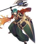  1boy attack axe battle_axe cape ephraim_(fire_emblem) ephraim_(twin_refulgence)_(fire_emblem) ephraim_(twin_refulgence)_(resplendent)_(fire_emblem) fire_emblem fire_emblem:_the_sacred_stones fire_emblem_heroes gold_trim green_eyes highres holding holding_axe holding_shield non-web_source official_alternate_costume official_art red_cape shield solo weapon 
