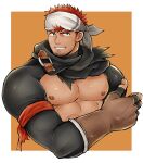  1boy abs absurdres bandana_around_arm bara beard_stubble brown_gloves clothing_cutout crave_saga dark-skinned_male dark_skin gloves grin headband higemaccho highres looking_at_viewer male_focus nipples orange_background orange_hair pectorals short_hair smile solo thumbs_up v-shaped_eyebrows zagsia_(crave_saga) 