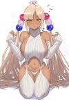  1girl alternate_costume archinoer bare_shoulders blonde_hair blush breasts dark-skinned_female dark_skin garter_straps hair_ornament highres hololive hololive_english large_breasts long_hair meme_attire navel panties planet_hair_ornament ribbed_panties ribbed_sleeves ribbed_thighhighs solo sweater thighhighs tsukumo_sana turtleneck twintails underwear very_long_hair virgin_destroyer_sweater virtual_youtuber white_background white_garter_straps white_panties white_sweater yellow_eyes 