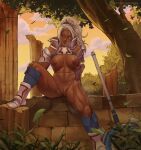  1girl abs armor armored_boots boots breasts column commission commissioner_upload dark-skinned_female dark_skin fire_emblem fire_emblem_engage gauntlets grass greaves highres leg_up lewdpala looking_at_viewer muscular muscular_female naked_armor nipples no_panties pillar ponytail pussy saphir_(fire_emblem) sitting solo steam sunset sweat thick_thighs thighs tree white_hair 