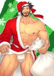  1boy abs alternate_costume bara bare_pectorals beard beard_stubble black_hair christmas facial_hair feet_out_of_frame full_beard gift_bag hanzo_(overwatch) hat highres hunterkay large_pectorals male_focus mature_male muscular muscular_male nipples no_tattoo overwatch overwatch_1 pectorals red_headwear santa_costume santa_hat short_hair shy solo standing stomach thick_eyebrows thick_thighs thighs 