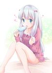  arino_hiroshi bangs barefoot blue_eyes blush eating eromanga_sensei eyebrows_visible_through_hair food frills grey_hair hands_up heart highres holding holding_food ice_cream izumi_sagiri knees_together_feet_apart knees_up long_hair long_sleeves looking_at_viewer open_mouth pajamas popsicle sexually_suggestive silver_hair sitting solo suggestive_fluid thighs white_hair 