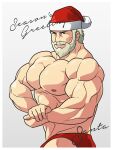  1boy bara beard briefs christmas cropped_legs english_text facial_hair flexing flexing_pecs full_beard hat highres large_pectorals looking_at_viewer male_focus male_underwear mature_male muscular muscular_male nipples original own_hands_together pectorals red_headwear red_male_underwear santa_claus santa_hat short_hair side_chest smile solo thick_beard thick_eyebrows topless_male underwear zephleit 