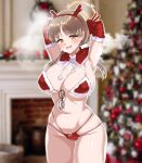  1girl absurdres antlers armpits arms_behind_head bare_legs bikini blue_archive blush breasts brown_eyes capelet christmas christmas_ornaments christmas_tree cleavage cowboy_shot drooling elbow_gloves glasses gloves groin halo highres index_finger_raised indoors johwa_(1n33dyour1ov3) large_breasts long_hair low_twintails moe_(blue_archive) navel open_mouth orange_halo red_bikini red_capelet red_gloves reindeer_antlers round_eyewear santa_bikini smile solo swimsuit twintails unworn_eyewear v yellow_eyes 