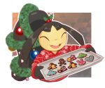  :d baking_sheet blush border christmas closed_eyes clothed_pokemon cookie food highres holding holly mawaifu mawile open_mouth pokemon pokemon_(creature) red_sweater smile solo sweater white_border 