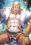  1boy abs animal_ears animal_print bara blue_eyes english_commentary furry furry_male innertube lin_hu_(nekojishi) looking_at_viewer male_focus nekojishi palm_leaf pectorals ponzu_tas scar scar_on_face scar_on_nose swimsuit tiger_boy tiger_ears tiger_print water 