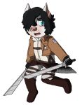  2015 aliasing alpha_channel anthro attack_on_titan beauceron black_hair blue_eyes boots border_collie bottomwear brown_boots brown_clothing brown_footwear brown_jacket brown_topwear canid canine canis cel_shading chibi clothing collie cosplay cropped_ears cropped_jacket digital_drawing_(artwork) digital_media_(artwork) domestic_dog dual_wielding eyebrows footwear full-length_portrait fur grey_bottomwear grey_clothing grey_pants hair hair_over_eye herding_dog holding_melee_weapon holding_object holding_sword holding_weapon jacket male male_anthro mammal melee_weapon microsoft_paint_(artwork) mixed_breed narrowed_eyes omni-directional_mobility_gear one_eye_obstructed open_mouth pants pastoral_dog pink_inner_ear pink_nose pink_tongue portrait sebdoggo shaded sheepdog shirt simple_background solo sword tail tongue topwear transparent_background weapon white_body white_clothing white_fur white_shirt white_topwear 