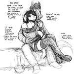  anthro bed black_and_white blush bong breasts canine cleavage clothed clothing dialogue dog drugs duo english_text equine female hair half-closed_eyes hladilnik male mammal michelle_(hladilnik) monochrome smile text zebra zebra_son_(hladilnik) 