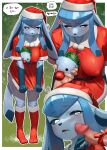 absurd_res anthro areola biped blue_body blush breasts censored christmas christmas_clothing christmas_headwear clothed clothing dialogue eeveelution erection female female_anthro footwear forced fur generation_4_pokemon genitals glaceon gudlmok99 hat headgear headwear hi_res holidays human human_on_anthro ineffective_clothing interspecies korean_text male male/female mammal medium_breasts mosaic_censorship nintendo nipple_outline no_underwear penis pokemon pokemon_(species) profanity santa_hat socks speech_bubble text