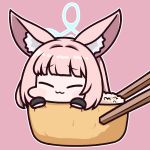  1girl :3 animal_ear_fluff animal_ears black_gloves blue_archive blue_halo blush_stickers chopsticks closed_eyes closed_mouth food fox_ears gloves halo jazz_jack niko_(blue_archive) pink_background pink_hair short_hair simple_background smile solo sushi 