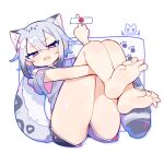  1girl absurdres angry angry_face_emoji animal_ear_fluff animal_ears artist_logo ass barefoot black_leggings blue_eyes cat_ears cat_tail commentary fang grey_hair hair_between_eyes highres hugging_own_legs knees_to_chest leggings leggings_under_shorts looking_at_viewer middle_finger narrowed_eyes original paw_print sidelocks soles solo spoken_emoji symbol-only_commentary tail toes uenomigi v-shaped_eyebrows 