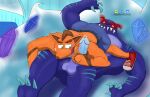 activision anthro assassinfenrir balls bandicoot belt black_nose blue_balls blue_body blue_penis bodily_fluids bottomwear brown_eyebrows brown_hair brown_nose butt claws clothed clothed/nude clothed_male_nude_male clothing colored crash_bandicoot crash_bandicoot_(series) crystal digital_media_(artwork) duo eyebrows footwear fur genital_fluids genitals glowing glowing_crystal glowing_eyes green_eyes hair handjob hi_res ice looking_at_genitalia looking_at_penis male male/male mammal marsupial motion_lines muscular muscular_anthro muscular_male nude orange_body orange_fur pants pecs penile penis precum ratcicle sex shaded shoes signature simple_background snow stripes tattoo titan_(crash_bandicoot) tongue tongue_out topless topless_anthro topless_male tribal tribal_tattoo vein veiny_penis water watermark