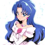  alternate_hairstyle bare_shoulders blue_eyes blue_hair blurry blush crossed_arms earrings elbow_gloves gloves hair_down heart heart_earrings jewelry kirakira_precure_a_la_mode long_hair looking_at_viewer nakahira_guy necklace precure simple_background solo tategami_aoi white_background white_gloves 