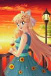  1girl aino_minako artist_name bishoujo_senshi_sailor_moon blonde_hair blue_dress blue_eyes bow bracelet cloud cloudy_sky commentary cup dated dress dusk earrings english_commentary floral_print from_side hair_bow happy_birthday heart heart_earrings highres holding holding_cup jewelry koya lamppost long_hair looking_at_viewer necklace open_mouth outdoors pearl_bracelet pearl_necklace print_dress sky sleeveless sleeveless_dress solo standing sunflower_print teeth upper_teeth_only white_bow 