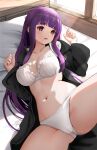  1girl :o absurdres bed bra breasts cameltoe clenched_hand commentary_request fern_(sousou_no_frieren) gibun_(sozoshu) highres large_breasts long_hair open_mouth panties pillow purple_eyes purple_hair solo sousou_no_frieren spread_legs thighs underwear underwear_only very_long_hair white_bra white_panties window 