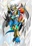  abs arm_blade arm_cannon armor blue_skin claws colored_skin digimon dragon fingernails fladramon fusion gauntlets highres long_fingernails magnamon no_humans raidramon red_eyes sawa_d shoulder_armor spikes torn_wings weapon wings 