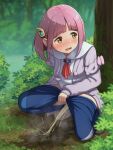  1girl arisu_kazumi artist_name blue_pants blush bob_cut breath bush cardigan clothes_pull day forest grass hair_ornament hairclip lacey_(pokemon) long_sleeves looking_to_the_side nature neckerchief open_mouth outdoors panties pants pants_pull panty_pull peeing pink_hair pink_panties pokemon pokemon_sv puddle purple_cardigan red_neckerchief shirt shoes short_hair solo squatting steam sweat tree underwear watermark white_footwear white_shirt yellow_eyes 