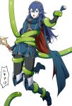  1girl ameno_(a_meno0) arm_grab blue_eyes blue_hair boots breasts cape falchion_(fire_emblem) fingerless_gloves fire_emblem fire_emblem_awakening gloves hair_between_eyes leg_grab long_hair long_sleeves lucina_(fire_emblem) open_mouth pantyhose small_breasts suspension sweatdrop sword symbol-shaped_pupils tentacles tiara translation_request weapon white_background 