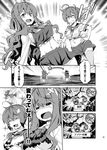  aoba_(kantai_collection) breasts burnt_clothes chibi comic commentary_request crossed_bandaids explosion fang greyscale hair_ribbon hand_on_hip imu_sanjo kantai_collection long_hair midriff monochrome multiple_girls naganami_(kantai_collection) navel ocean ribbon shirt shorts sparkle_background sunrise tearing_up thighhighs tied_shirt torn_clothes translated underboob wavy_hair 