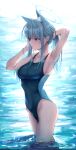  1girl absurdres animal_ears black_one-piece_swimsuit blue_archive blue_eyes blue_halo breasts closed_mouth collarbone competition_swimsuit grey_hair halo highres kimchi_(user_mpzz8457) medium_breasts official_alternate_costume one-piece_swimsuit partially_submerged shiroko_(blue_archive) shiroko_(swimsuit)_(blue_archive) solo swimsuit wet wet_clothes wet_hair wet_swimsuit 