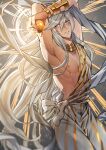  1boy absurdres apple arms_up blue_eyes bow bracer collar cowboy_shot crossed_arms edo-sama food fruit gold_collar golden_apple granblue_fantasy grey_background hagoromo hair_between_eyes helel_ben_sahar_(granblue_fantasy) highres holding holding_food holding_fruit light_particles long_hair looking_at_viewer male_focus nipples parted_lips robe shawl smile solo striped_clothes sunburst toga toned toned_male v-shaped_eyebrows very_long_hair white_bow white_hair white_robe white_shawl 