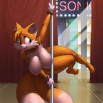  2017 anthro areola armpits big_breasts blue_eyes breasts canine clothing crossgender dancing dipstick_tail feet female fox fur gloves humanoid_feet kevinsano mammal melissa_&quot;tailsko&quot;_prower miles_prower multicolored_tail navel nipples open_mouth orange_fur plantigrade pole pole_dancing ribbons slightly_chubby solo sonic_(series) voluptuous 