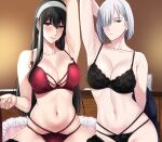  2girls arm_up armpits black_bra black_eyes black_hair black_panties black_thighhighs blush bra breasts cleavage closed_mouth collarbone commentary earrings fiona_frost gold_earrings hair_over_one_eye hairband highres jewelry lace-trimmed_bra lace-trimmed_legwear lace-trimmed_panties lace_trim large_breasts light_smile lingerie lips long_hair looking_to_the_side multi-strapped_bra multi-strapped_panties multiple_girls navel on_bed panties pillow red_bra red_eyes red_panties short_hair sitting skindentation spy_x_family stomach straight_hair stud_earrings symbol-only_commentary thighhighs thighs underwear underwear_only white_hair white_hairband xter yor_briar 