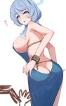  1boy 1girl ako_(blue_archive) ako_(dress)_(blue_archive) ass backless_dress backless_outfit bare_arms bare_shoulders blue_archive blue_eyes blue_hair blue_halo blush breasts butt_crack doodle_sensei_(blue_archive) dress earrings from_behind halo highres jewelry large_breasts looking_back medium_hair official_alternate_costume parted_lips peterchuu sensei_(blue_archive) simple_background solo_focus white_background 