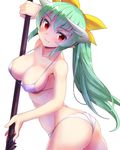  &gt;:) arched_back armpits ass bangs bikini blush bow breasts cleavage closed_mouth collarbone commentary_request cowboy_shot fate/grand_order fate_(series) from_side green_hair hair_bow highres horns kiyohime_(fate/grand_order) large_breasts long_hair looking_at_viewer looking_to_the_side mono_(moiky) pointy_ears ponytail red_eyes smile solo swimsuit tsurime v-shaped_eyebrows very_long_hair white_bikini yellow_bow 