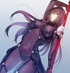  ass_visible_through_thighs bad_id bad_pixiv_id bodysuit covered_navel covered_nipples dutch_angle fate/grand_order fate_(series) gae_bolg gradient gradient_background hato_konro highres holding holding_weapon long_hair purple_bodysuit purple_hair red_eyes scathach_(fate)_(all) scathach_(fate/grand_order) solo weapon 