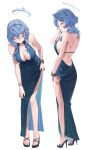  1girl absurdres ako_(blue_archive) ako_(dress)_(blue_archive) backless_dress backless_outfit bangle bare_legs blue_archive blue_dress blue_eyes blue_hair blush bracelet breasts cleavage cuffs dress fingernails hair_between_eyes halo high_heels highres jewelry large_breasts leaning_forward median_furrow multiple_views nail_polish official_alternate_costume profile shackles shoulder_blades sideboob sideless_dress simple_background skindentation smile sssong_aa toenail_polish toenails white_background 