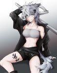  1girl animal_ears arknights arm_up bandeau belt black_belt black_jacket black_shorts commentary_request fingerless_gloves gloves gradient_background grey_background grey_eyes grey_gloves grey_hair grin hair_ornament hairclip highres jacket lappland_(arknights) long_hair long_sleeves looking_at_viewer midriff navel off_shoulder open_clothes open_jacket oripathy_lesion_(arknights) short_shorts shorts single_bare_shoulder sitting skorpion_(kenji_wdnmd) smile solo stomach strapless sword tail thighs tube_top weapon wolf_ears wolf_tail 