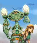  1boy arm_tattoo blue_eyes blue_sky brown_hair cloud day dragon earrings english_commentary iriknight jewelry link looking_at_viewer male_focus outdoors pointy_ears robot sky standing tattoo the_legend_of_zelda the_legend_of_zelda:_tears_of_the_kingdom 