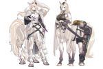  2girls absurdres animal_ear_fluff animal_ears arknights armor aunt_and_niece belt black_belt black_bow black_gloves black_headwear black_nails blemishine_(arknights) blonde_hair blue_eyes bow breastplate breasts cape centaur chinese_commentary closed_mouth clothes_writing commentary_request earrings full_body fur-trimmed_armor fur_trim garrison_cap gloves hair_between_eyes hair_bow hand_on_hilt hand_on_own_hip hat highres hitobashira_(1746164306) horse_ears horse_girl horse_tail jewelry kingdom_of_kazimierz_logo large_breasts long_hair looking_at_viewer monster_girl monsterification multiple_girls pelvic_curtain plate_armor ponytail scabbard sheath sheathed short_eyebrows sidelocks simple_background small_breasts smile standing stud_earrings sword tail taur thick_eyebrows weapon whislash_(arknights) white_background white_cape yellow_eyes 
