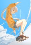  1girl alternate_costume black_shorts blue_sky character_name cloud grey_eyes grey_hair hood hoodie long_hair long_sleeves nanami:_pulse_(punishing:_gray_raven) nanami_(punishing:_gray_raven) orange_hoodie ponytail punishing:_gray_raven shoes shorts sidelocks skateboard skateboarding sky sneakers solo very_long_hair yume_3327 