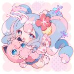  1girl :d blue_eyes blue_hair blush border chromatic_aberration fairy_miku_(project_voltage) feet_up floating_hair flower gradient_eyes hair_between_eyes hair_flower hair_ornament hand_up hatsune_miku heart highres holding holding_pokemon jigglypuff legs_together long_hair looking_at_viewer miniskirt multicolored_eyes multicolored_hair open_mouth outside_border pink_background pink_eyes pink_hair pink_shirt plaid plaid_skirt pokemon pokemon_(creature) project_voltage red_flower shirt simple_background skirt smile solo twintails two-tone_hair v very_long_hair vocaloid white_border yellow_flower yuni_(irohasuiroiro) 