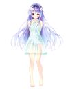  arms_behind_back bangs bare_shoulders barefoot blue_hair blush bow collarbone eyebrows_visible_through_hair full_body golden_marriage hair_bow hayakawa_harui highres looking_at_viewer marika_von_wittelsbach official_art purple_eyes see-through smile solo standing swimsuit transparent_background 